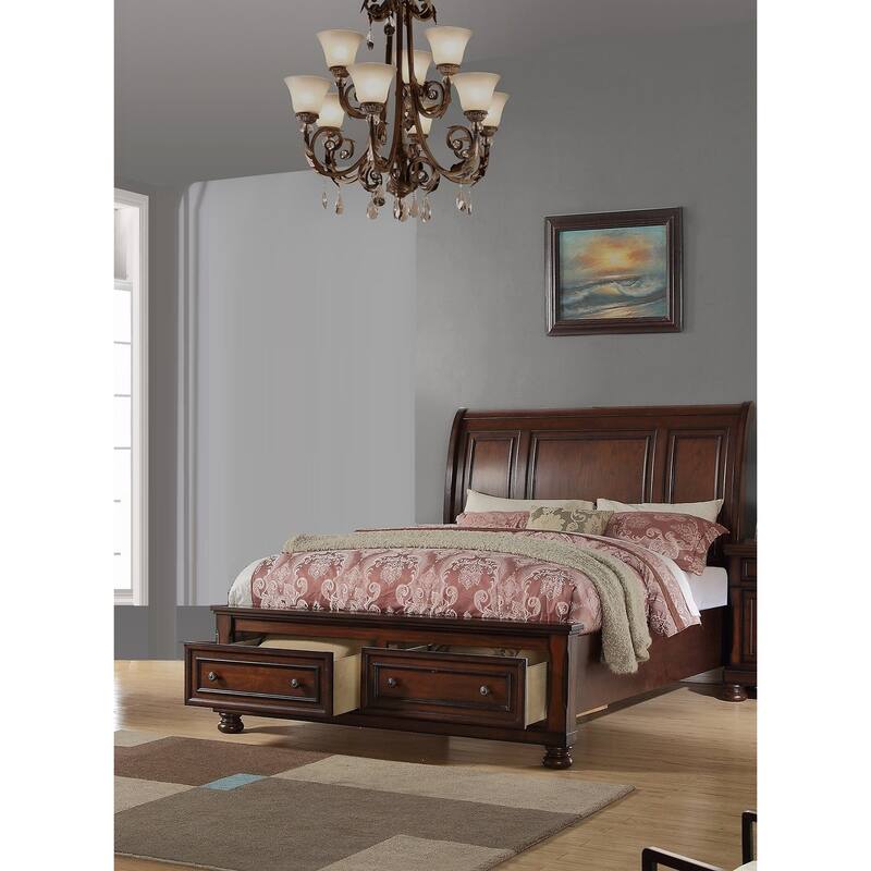 Traditional Style 1pc Bed Set Footboard Drawers Bun Feet Dark Cherry Finish