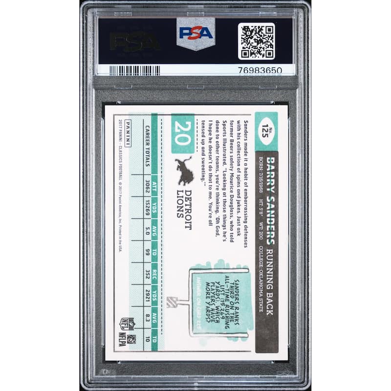Barry Sanders 2017 Panini Classics Football Card #125 Graded PSA 10 - 8'6" x 11'6"