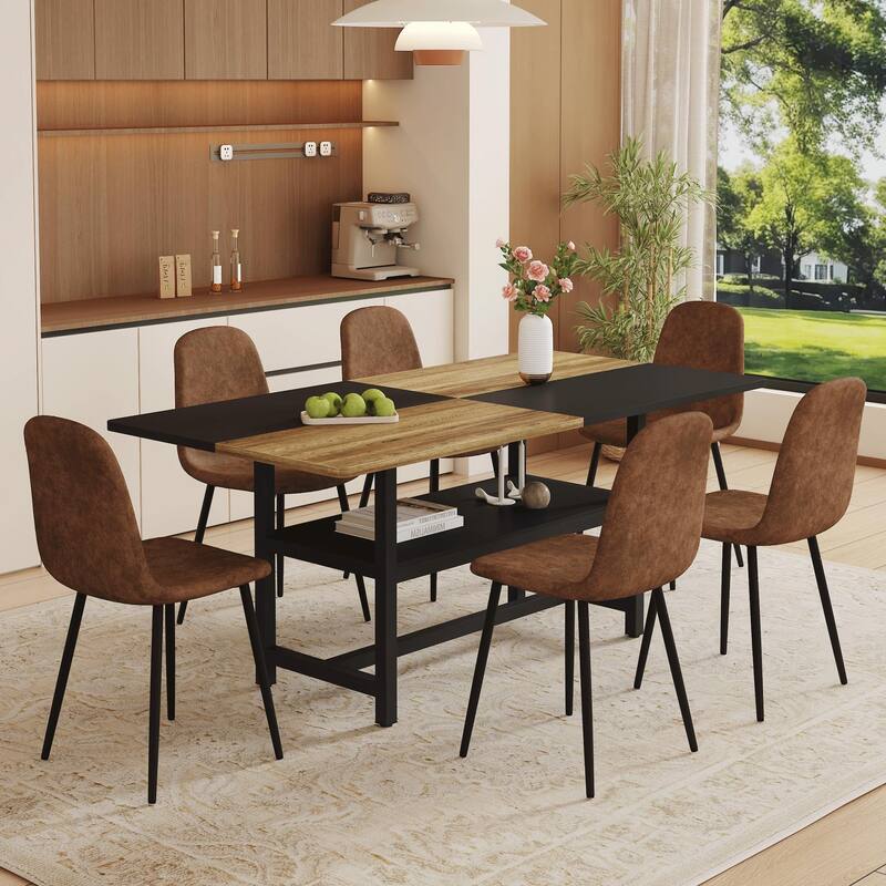 Modern 7-Piece Rectangular Dining Table Set for 6, 71" Wood Table with Built-in Storage & 6 Armless Chairs for Dining Room - Black,Brown,Wood