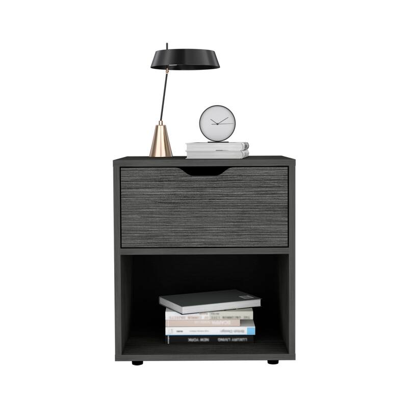 Sleek Light Gray Nightstand with Storage Shelf and Drawer