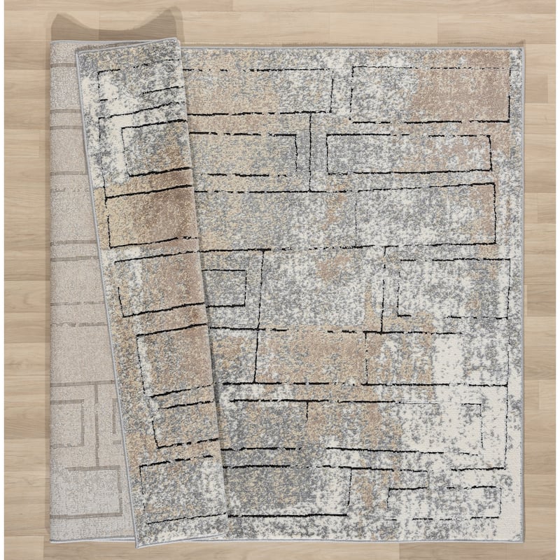 Cascade Collection Geometric Abstract Block Neutral Area Rug