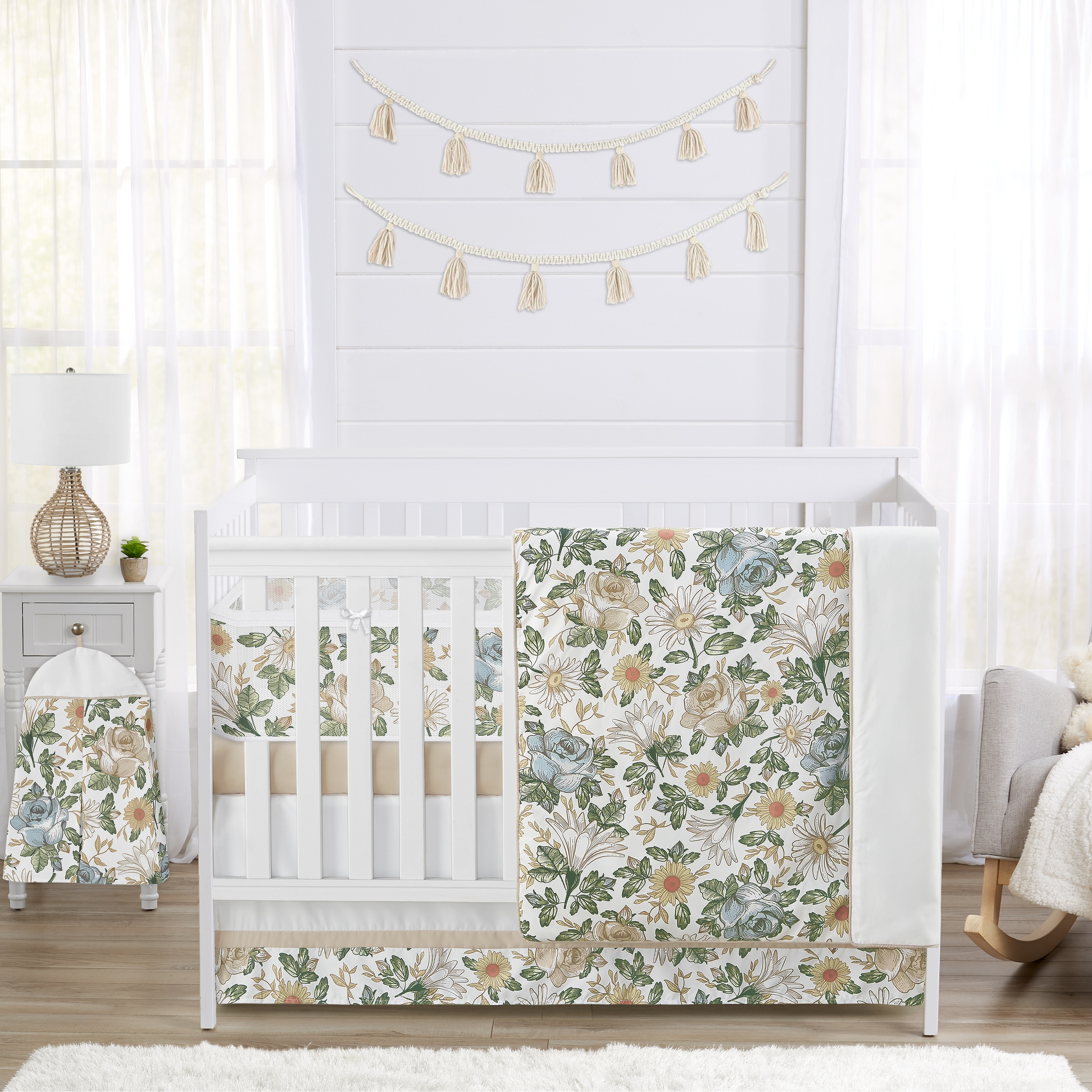 Sweet Jojo Designs Vintage Floral Blue Yellow Girl 6pc Crib Bedding + BreathableBaby Breathable Mesh Liner Bohemian - Crib Size