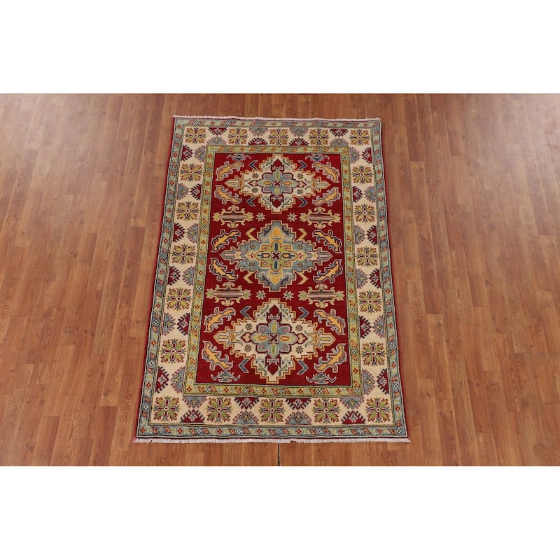 Traditional Kazak Oriental Area Rug Hand-Knotted Red Wool Carpet - 4'2" x 6'5"