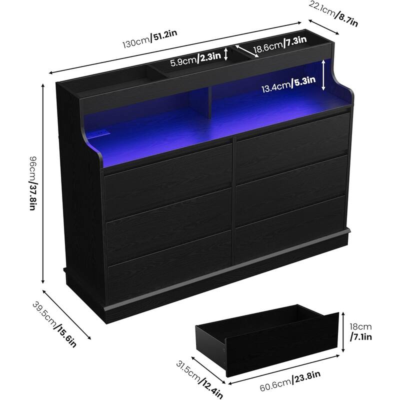 6-Drawer Dresser w/ LED Lights & Charging Station, Wide Storage Cabinet