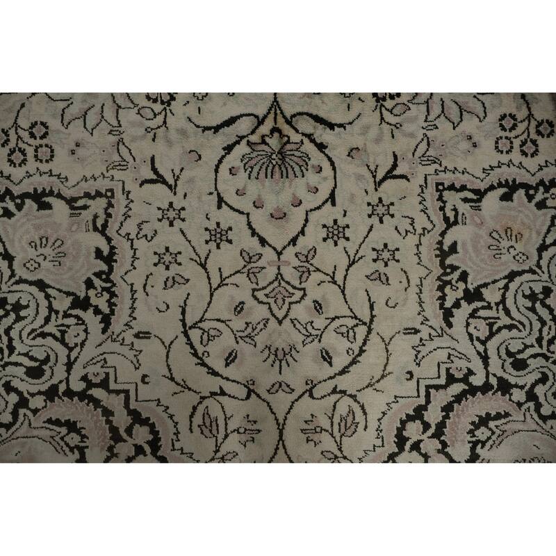Hand Knotted Oriental Silk Carpet Traditional Floral Beige & Ivories Kashmir Area Rug - 10' 3'' X 7' 0''