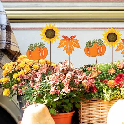 Glitzhome Set of 6 18"H Thanksgiving Metal Pumpkin, Leave & Sunflower Yard Stake