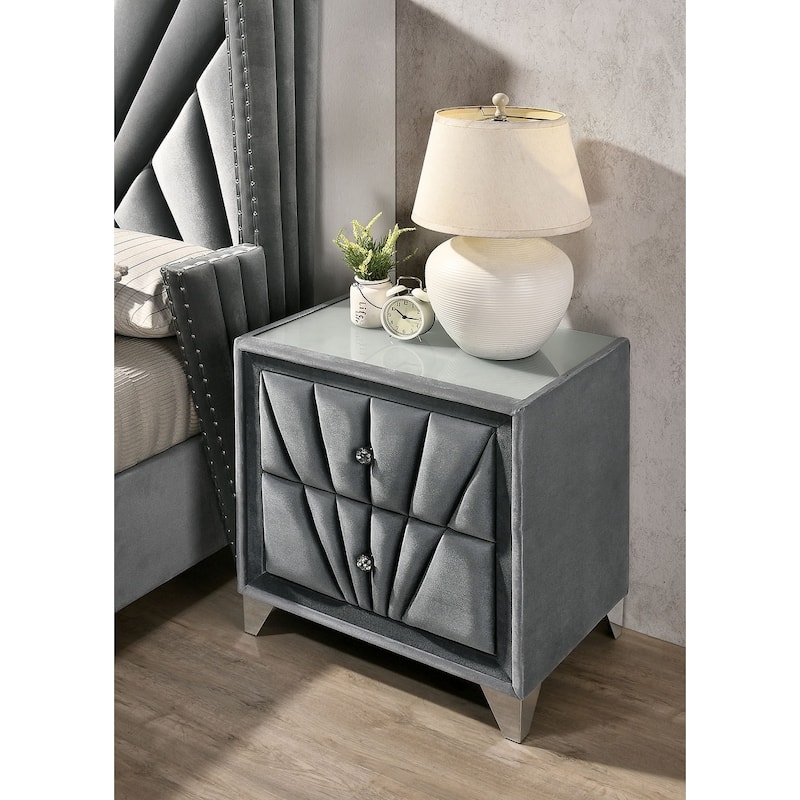 Fabric Upholstered Nightstand with Chrome Legs, Decorative Table with Glass Top, Sofa Side Table with 2 Drawers