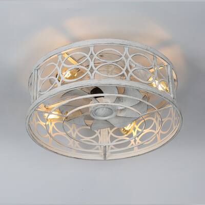 Vintage Distressed White Flush Mount Ceiling Fan, Round Low Profile Wood Ceiling Lighting with Remote - 19.5