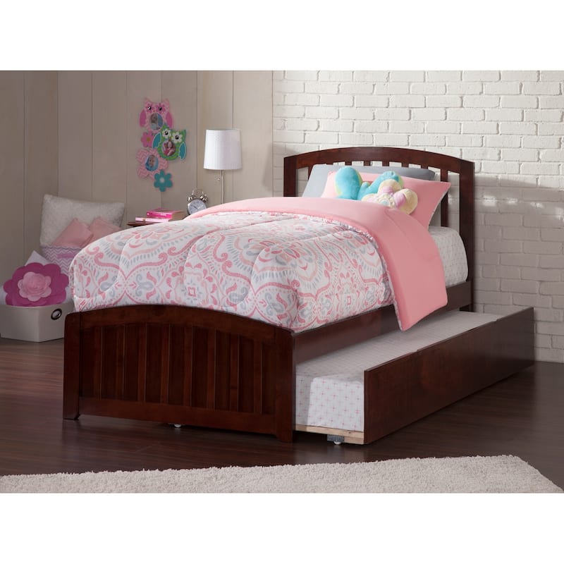 Full Platform Bed with Trundle - Coastal Style Bedroom Furniture - Walnut Finish - Twin Size - HomeStock