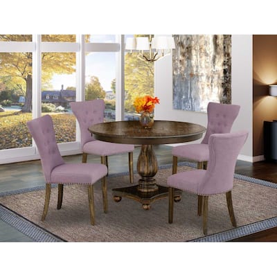 HomeStock 5-Piece Distressed Jacobean Finish Solid Wood Top Dining Table with 4 Upholstered Chairs