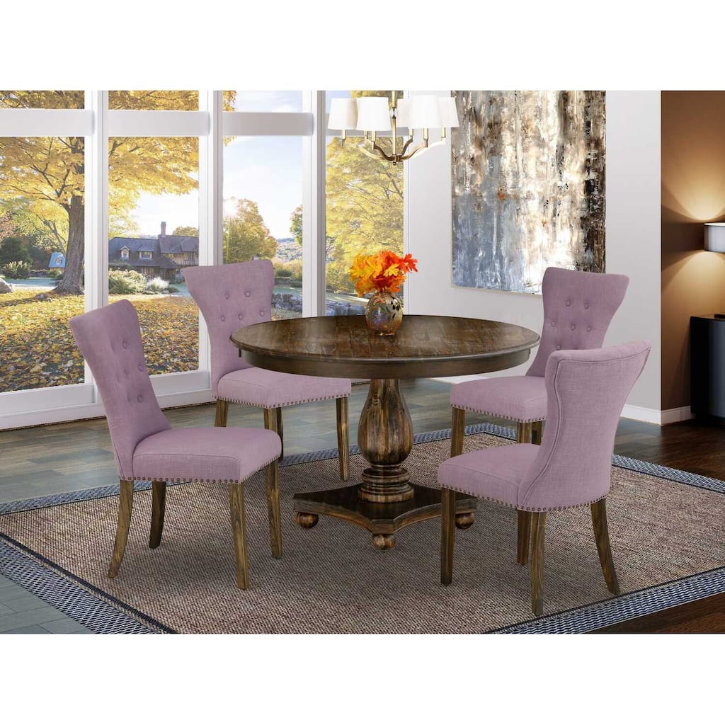 HomeStock 5-Piece Distressed Jacobean Finish Solid Wood Top Dining Table with 4 Upholstered Chairs