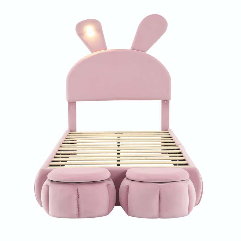 Upholstered Platform Bed with Cartoon Ears Shaped Headboard and Light
