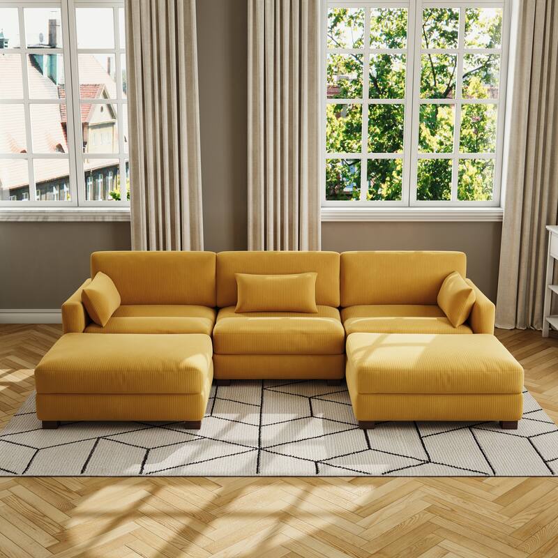 Corduroy Modular Sectional Sofa Couch With Chaise Ottoman