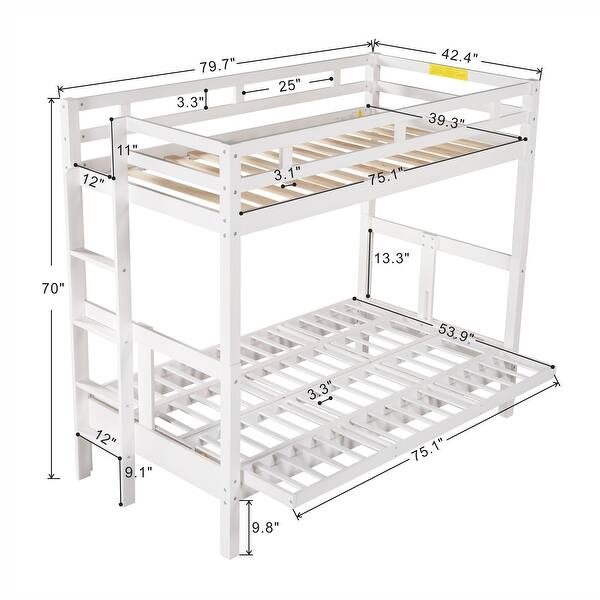 Twin over Full Bunk Bed, Convertible Down Bed, with Ladder and Guardrail