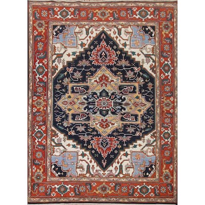 Navy Blue Heriz Serapi Oriental Area Rug Hand-Knotted Wool Carpet - 8'0"x 10'0"
