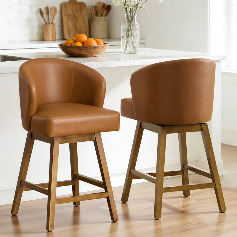 26 Inch Upholstered Swivel Counter Height Bar Stools with Back and Solid Wood Frame - 37.8"H x 20.9"W x 21.3"D