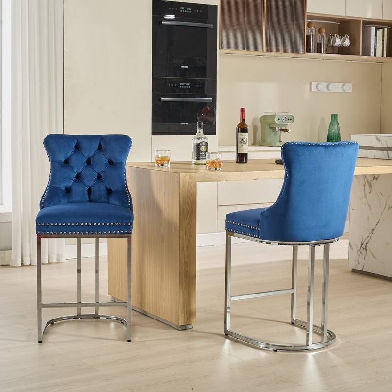Counter Height Bar Stools Set of 2, Velvet Upholstered Accent Chairs with Button Back, Rivet Trim and Chromed Metal Base Legs