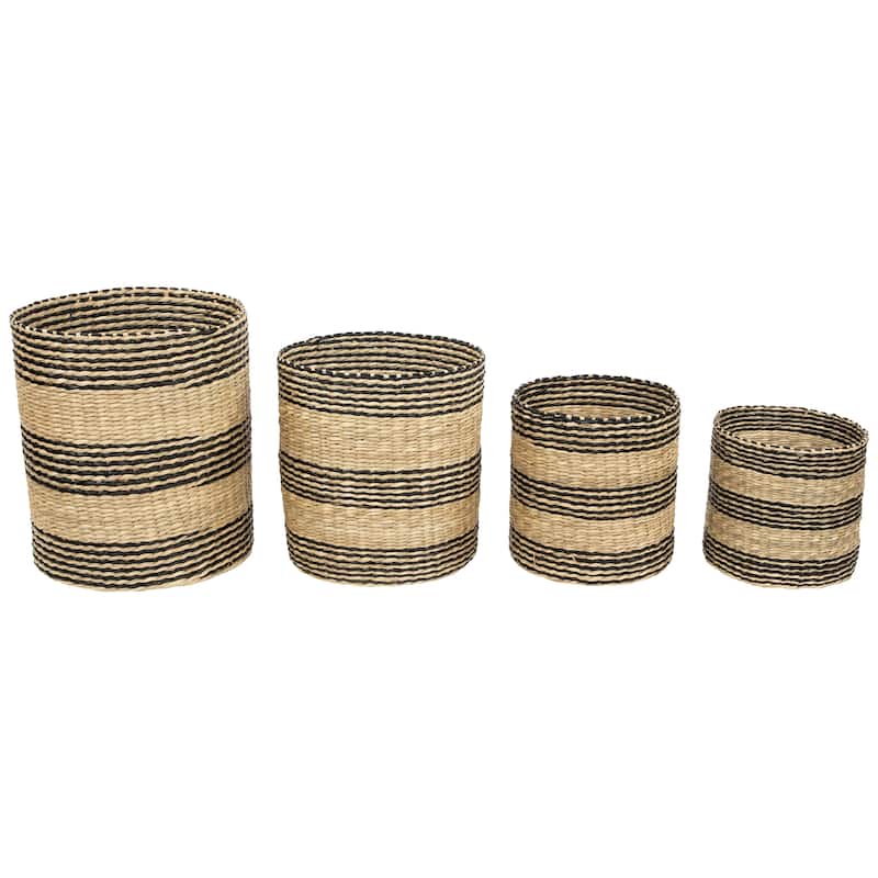Set of 4 Beige and Black Striped Woven Round Seagrass Baskets 12" - 10.5