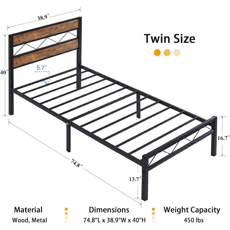 Twin Size Bed Frame Sett Metal Platform Bed with Wood Headboard Footboard Set of 2