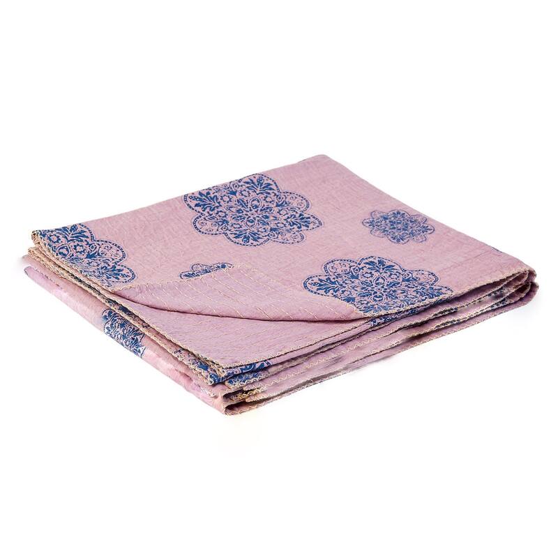 HomeRoots 50" X 70" Black And Blue Ikat Cotton Quilted Kantha Throw Blanket with Embroidery