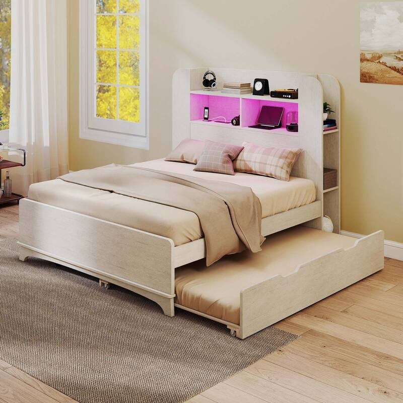 Bed with Trundle, Twin Size Bed Frame with Bookcase Daybed Storage Headboard and Charging Station & RGB LED Lights Bed - Full