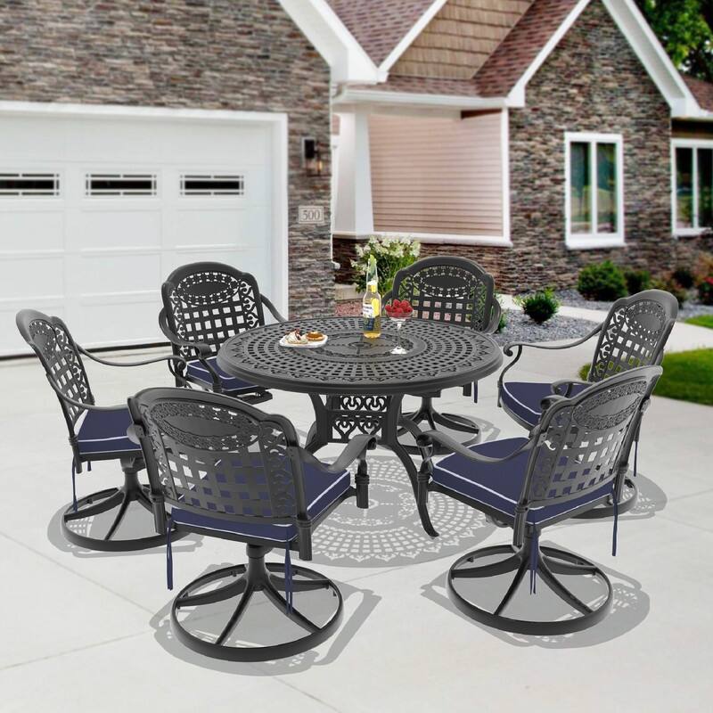 7-Piece Aluminum Round Outdoor Patio Dining Set, 6 Cushioned Swivel Chairs, Table, All-Weather Frames