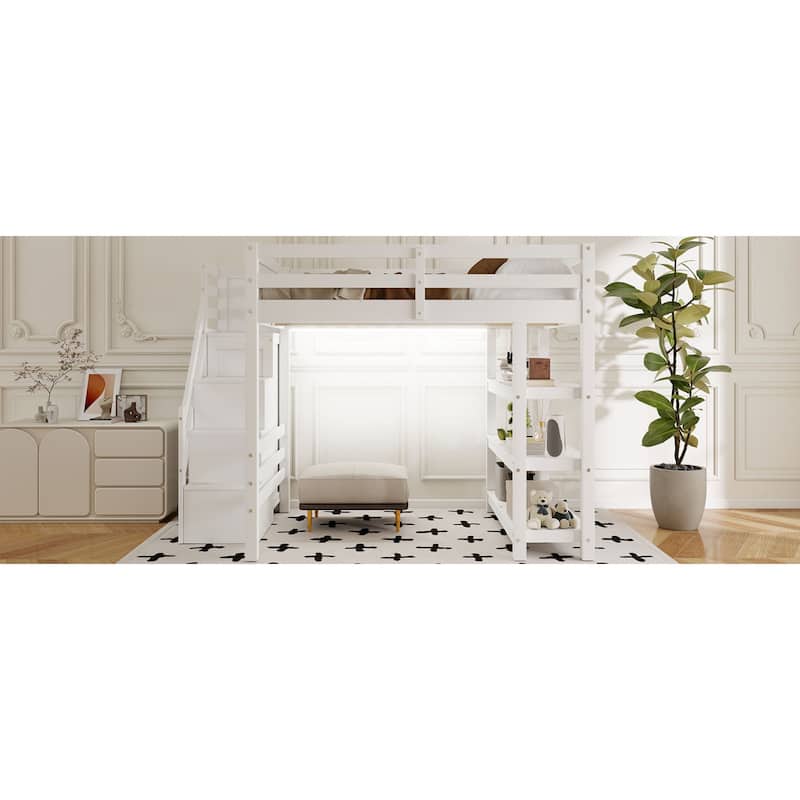 Roomfitters Twin/Full Size Loft Bed with Wardrobe, Storage Staircase and LED Light, White