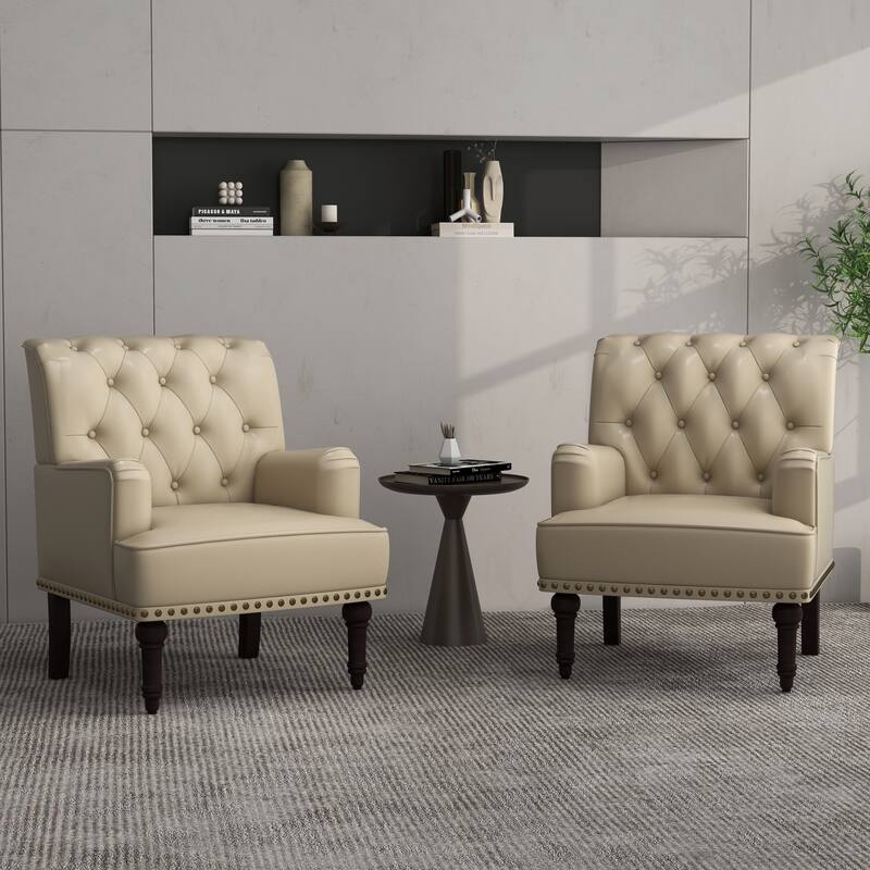 Tufted Vegan Leather Accent Chairs Armchairs with Nailhead Trim
