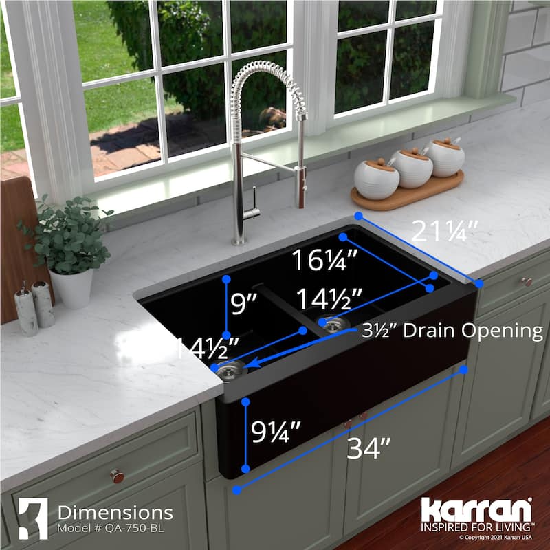 Karran Farmhouse Apron Front Quartz Double Bowl Kitchen Sink Kit