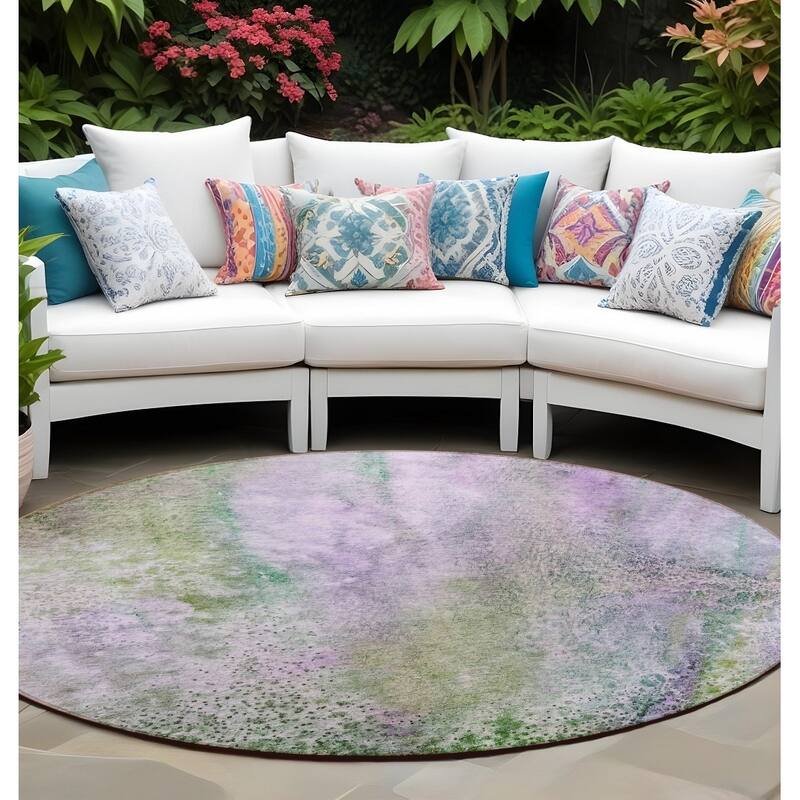 Almisi Contemporary Abstract Weather Resistant Modern Chic Outdoor Rug - 8' Round - Purple