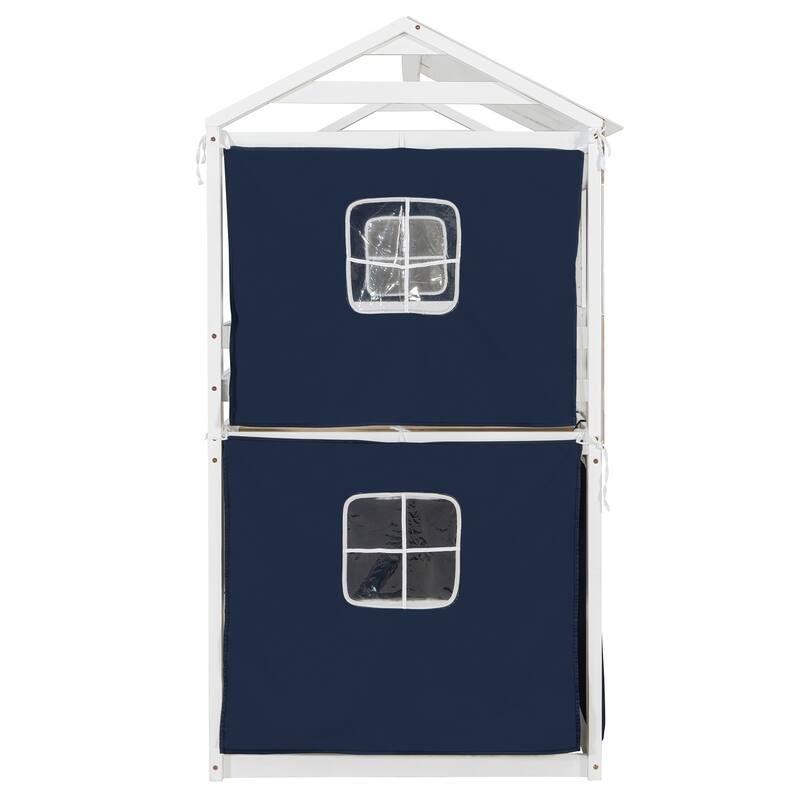 Twin Size Bunk Bed with Playhouse Tent Design and Solid Pine Wood Frame