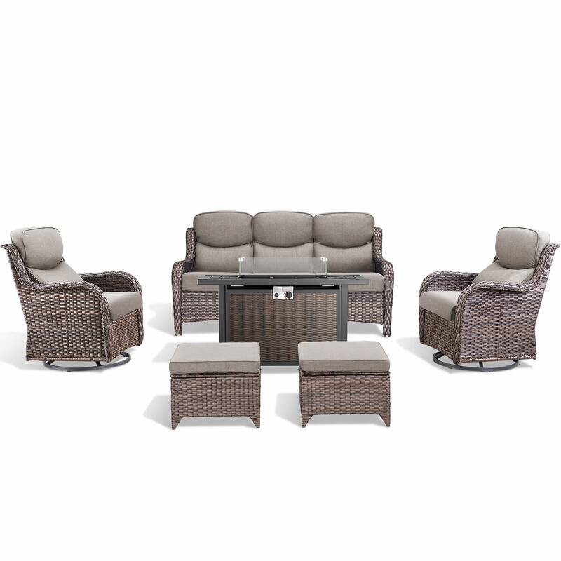 Pocassy 6/7 Piece Patio Sofa Swivel Chair Set with 43" Fire Pit Table