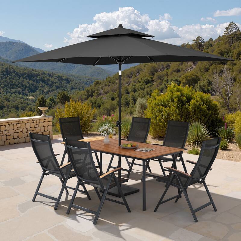 9PC Outdoor Patio Dining Set Aluminum Table with Folding Armchairs w/ Market Umbrella Sets - BrownTable&BlackChairs&BlackUmbrella