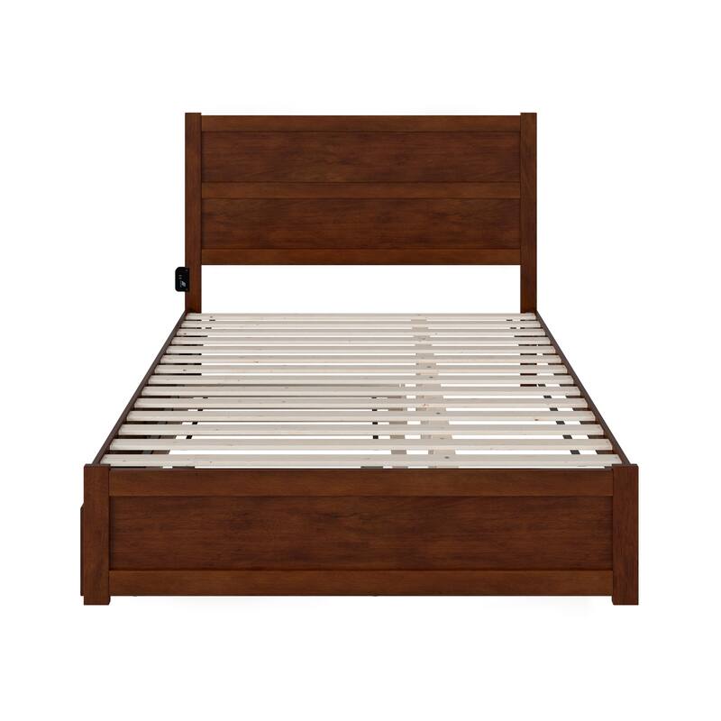 Twin Trundle Bed with Charging Station - Modern Platform Bed - Walnut Finish - 81.5" L x 40.38" W