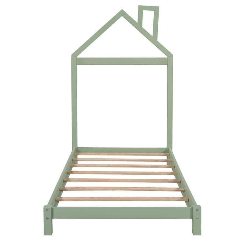 Twin Size Wood Platform Bed with House-shaped Headboard for Kids