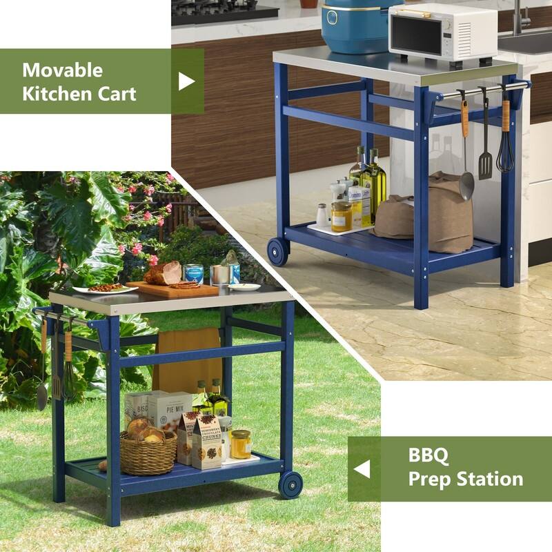 Portable Outdoor Grill Cart with HDPE Legs,Stainless Steel Top&Double-Shelf Storage for BBQ Prep Table