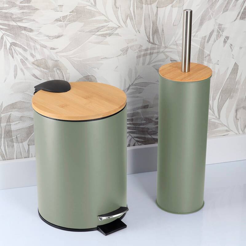 Bathroom Set with Bamboo Lid - Matte Metal Trash Can and Toilet Brush - 15.6" H x 11" L x 11" W