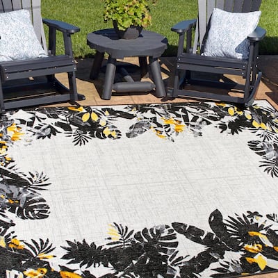 Contemporary Floral Border Indoor/Outdoor Area Rug