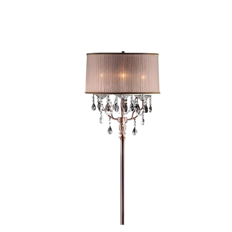 Silver Metal Candelabra Floor Lamp with Pink Fabric Drum Shades and Inline Switch - 18.5” x 18.5” x 62” (D x W x H)