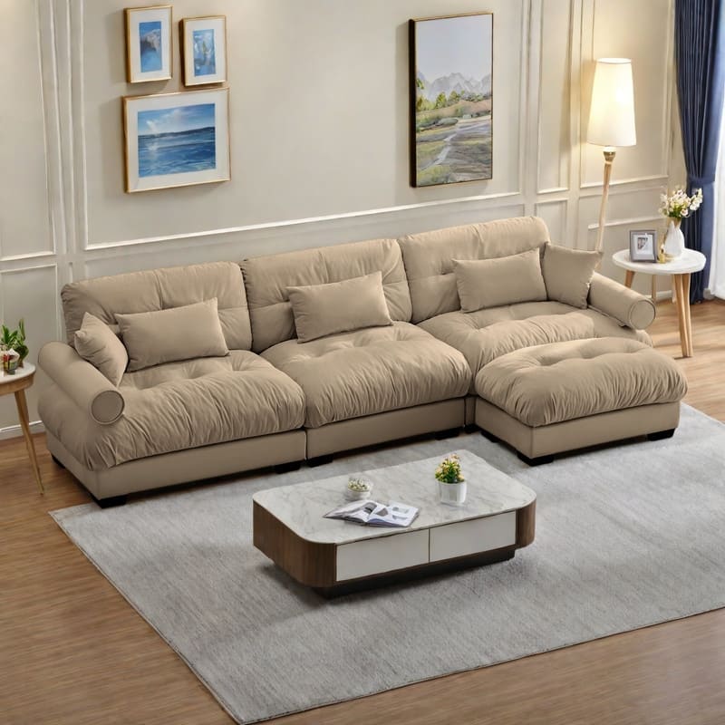 130" 3-Seat Velvet Oversized Modular Sectional Sofa with Movable Ottoman, Bolstered Armrests, and Cloud Cushions