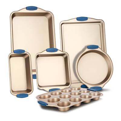 6-Piece Nonstick Bakeware Set - Premium Carbon Steel Baking Trays w/Heat-Safe Silicone Handles ,Includes Loaf Pan