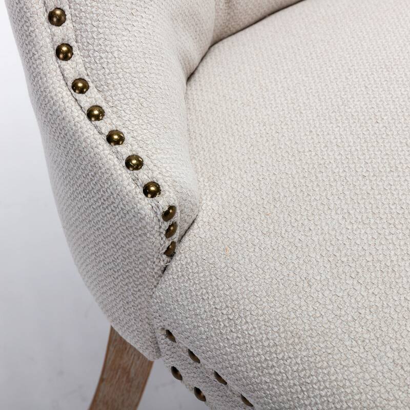 Set of 2 Linen Or Velvet Upholstered Dining Chairs with Nailhead Trim and Wooden Legs