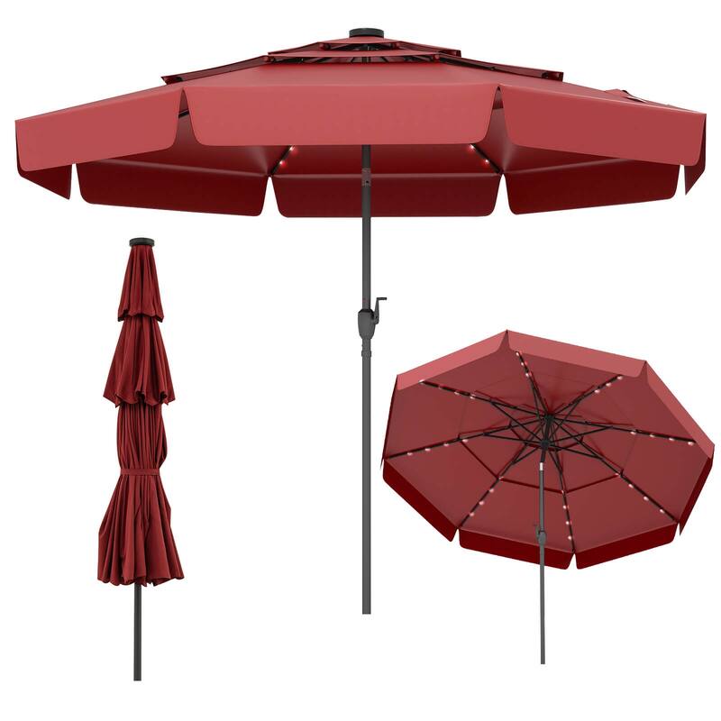 Costway 10 FT Solar Patio Umbrella with 32 LED Lights 3-Tier Vented