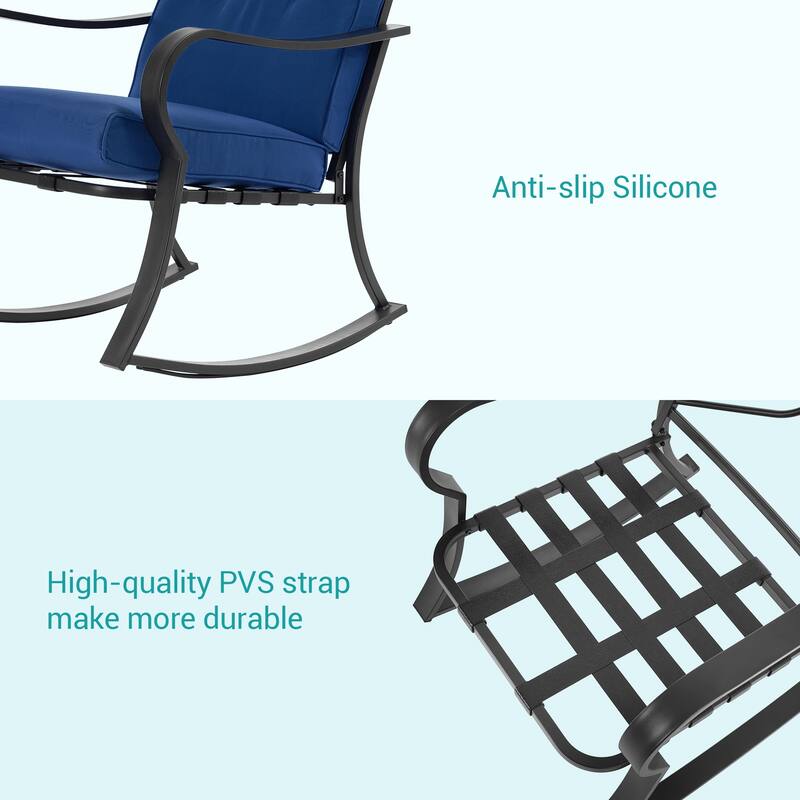 Bonosuki 3 Pieces Patio Bistro Set, Outdoor Funiture Set with 2 Rocking Chairs, Tempered Glass Top Coffee Table and Cushion