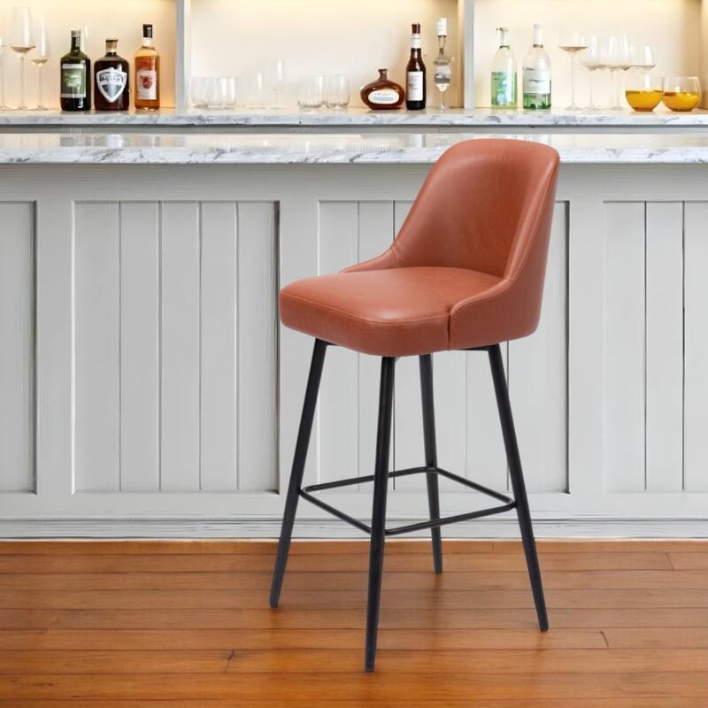 30” Bar Height Swivel Stool with Brown Faux Leather Bucket Seat and Black Steel Frame for Kitchen - 41.7”H x 19.7”W x 21.7”D