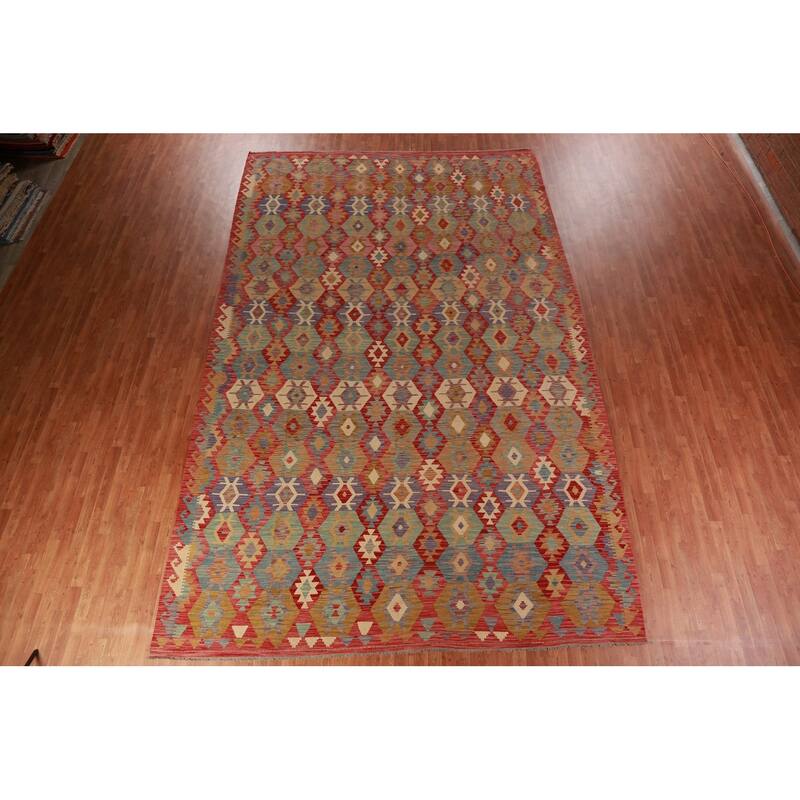 Geometric Kilim Oriental Large Rug Flatweave Living Room Wool Carpet - 10'1"x 15'10"