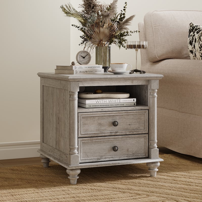 Farmhouse Nightstand Solid Wood Feet, Sofa Table with Charging Station - Light Rustic Oak