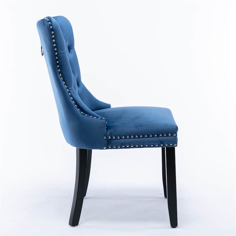 Velvet Upholstered Dining Chair with Wood Legs and Nailhead（Set of 2) - N/A