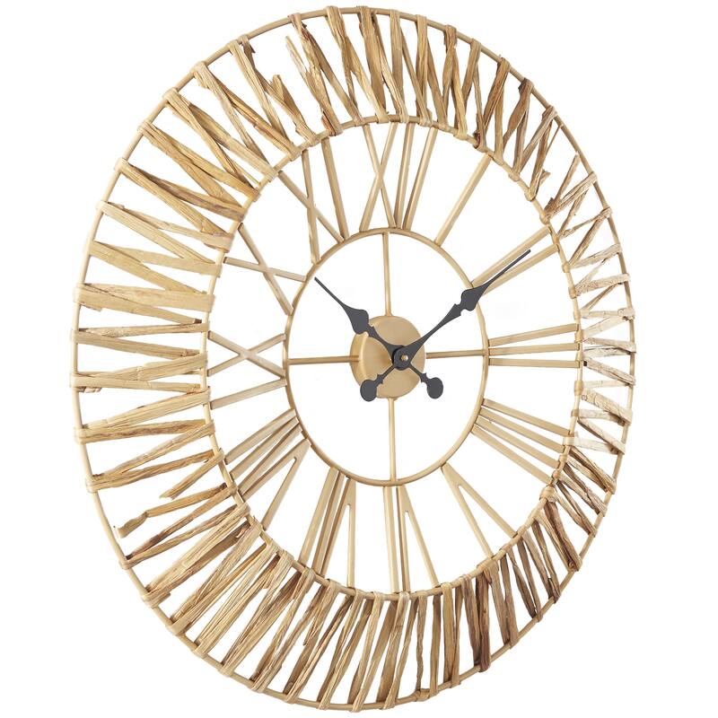 Brown Seagrass Woven Decorative Wall Clock with Gold Metal Frame