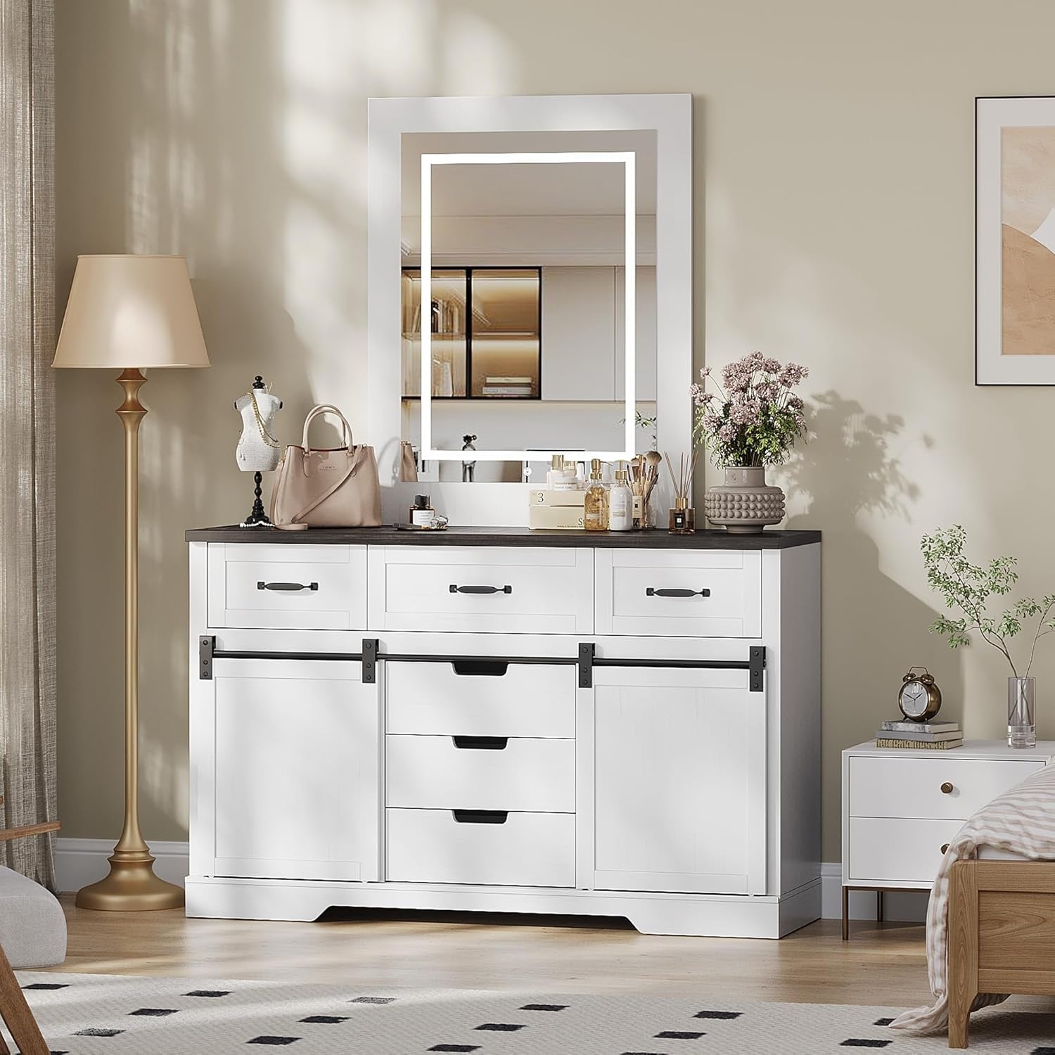 Farmhouse White 6-Drawer Dresser with LED Light & Sliding Door